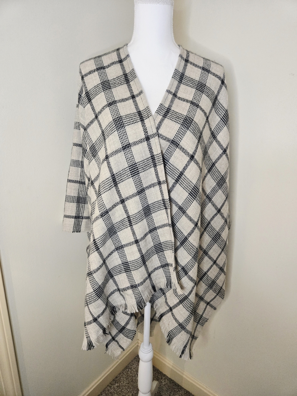 Cream Plaid Open-Front Poncho Sweater with Shimmer